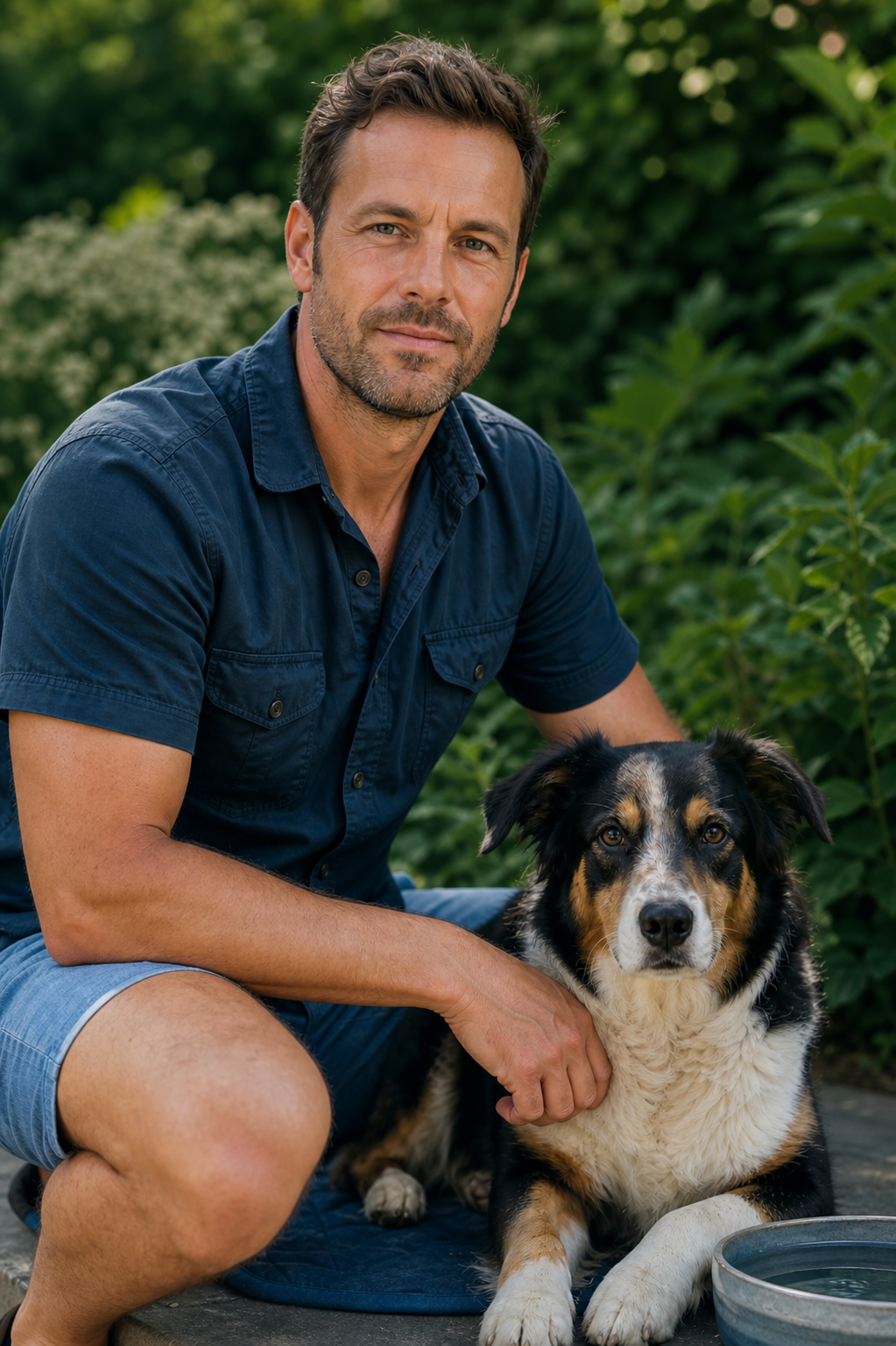 Koen Vermeer met hond in de schaduw