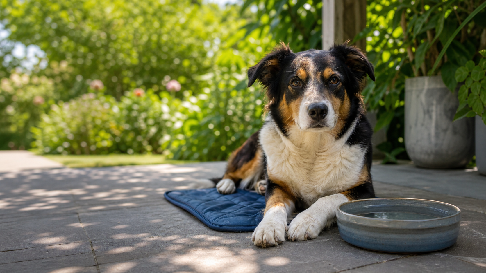 Hond in de schaduw op een koelmat met waterbak