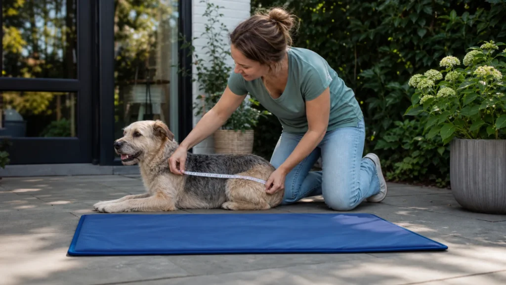 Hondeneigenaar meet de liglengte van haar hond naast een koelmat