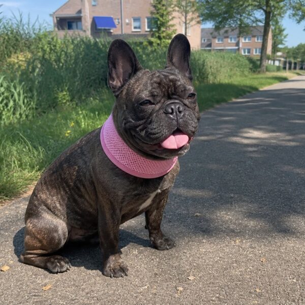 Franse bulldog met een roze mesh koelband om de hals op een zonnig parkpad