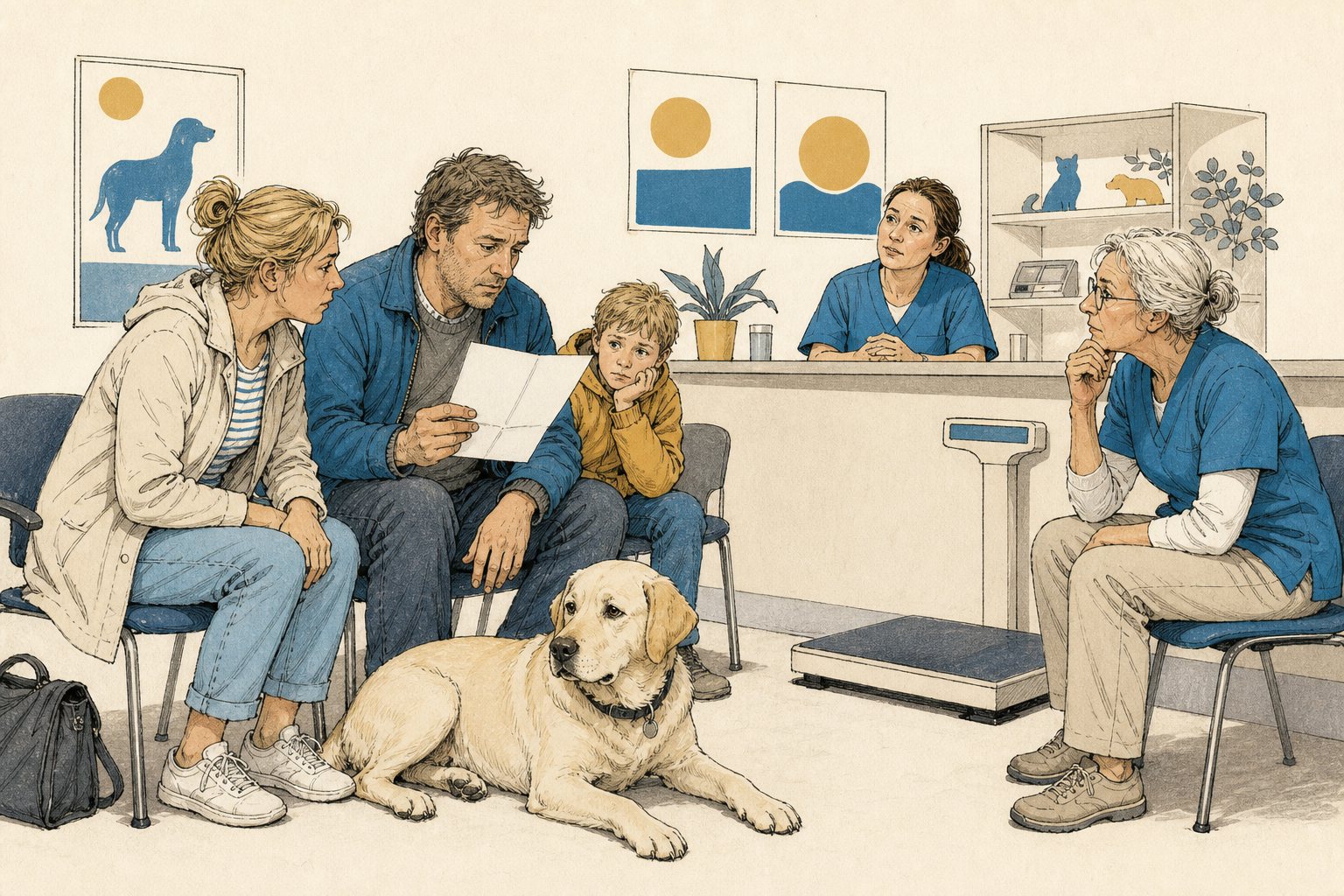Illustratie: een gezin met labrador in de wachtkamer van de dierenarts, vader houdt een rekening vast.