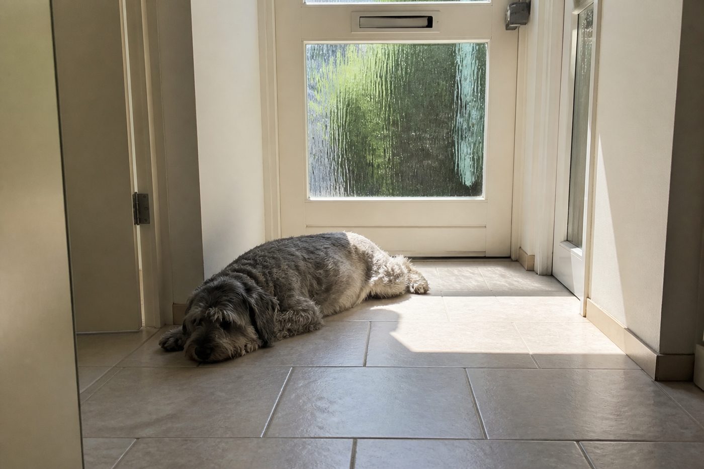 Hond languit op de koele tegels in de gang